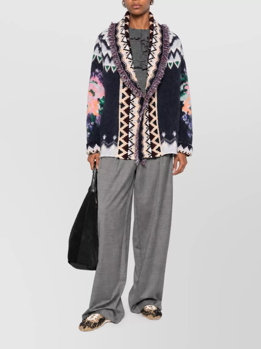 Forte Forte Wool Oversized Geometric Pattern Shawl Collar Long-Sleeve Cardigan