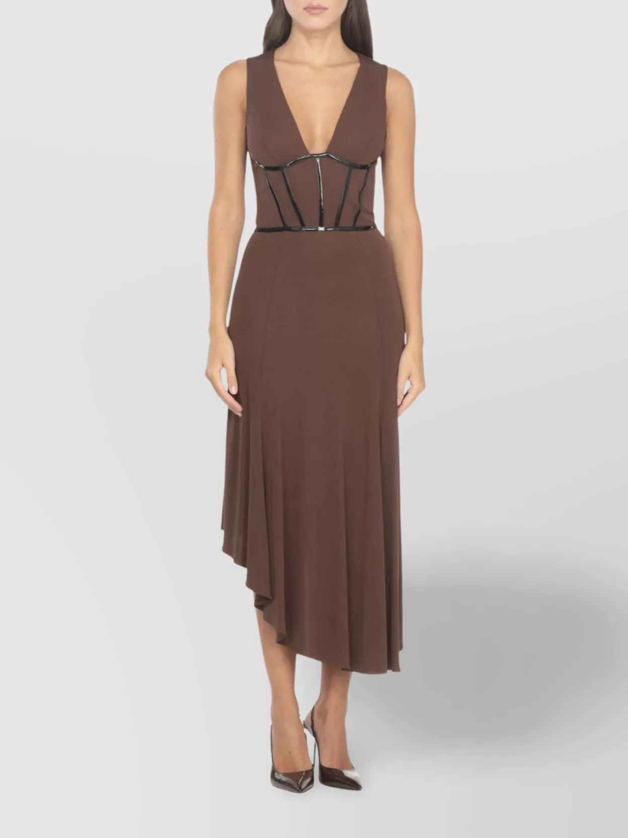 Elisabetta Franchi Midi Dress With Asymmetrical Hem And Corset In Brown