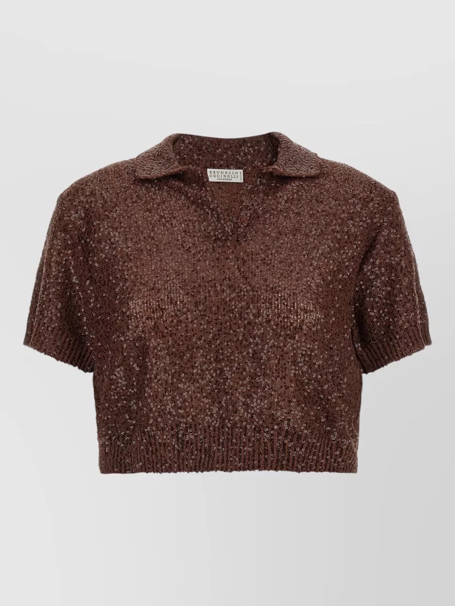 Brunello Cucinelli Linen cashmere silk sequined cropped short-sleeve polo top