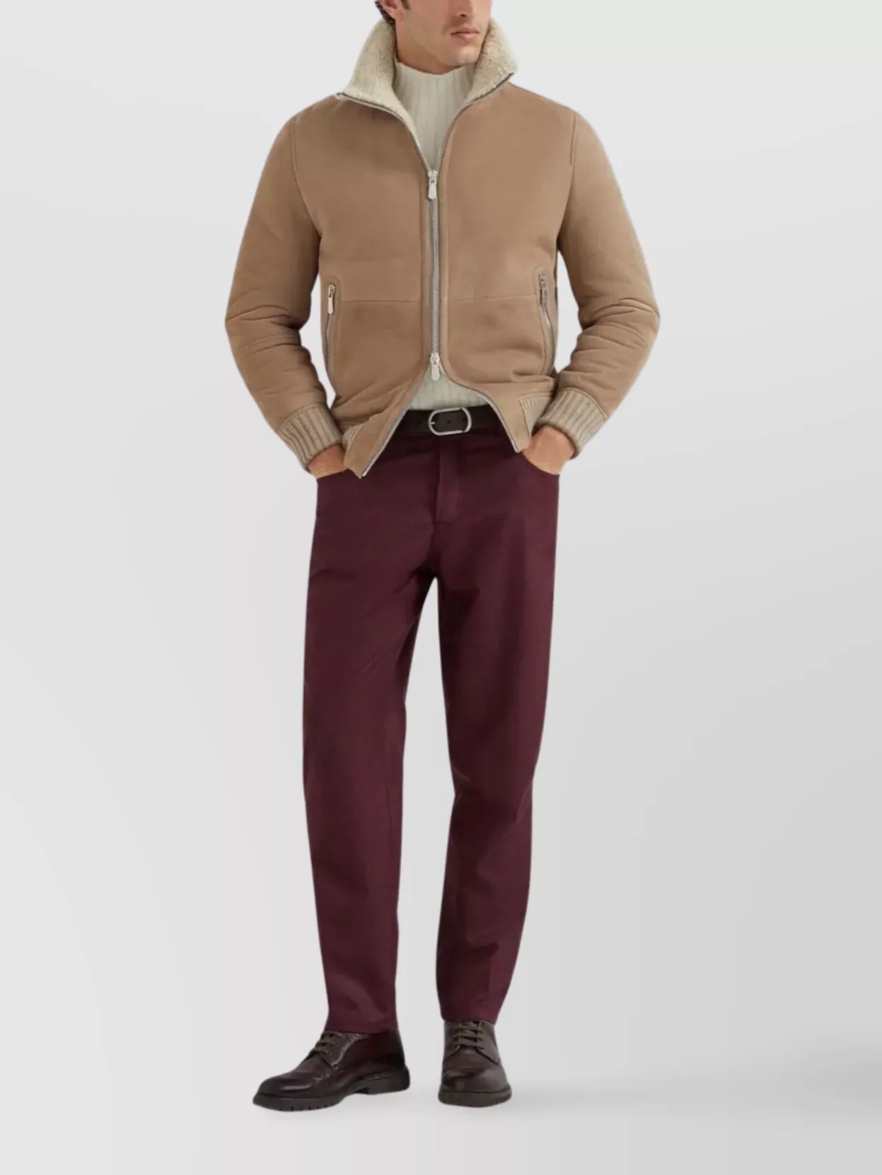 Brunello Cucinelli Bomber Jacket With Shearling Collar And Ribbed Finish In Pink