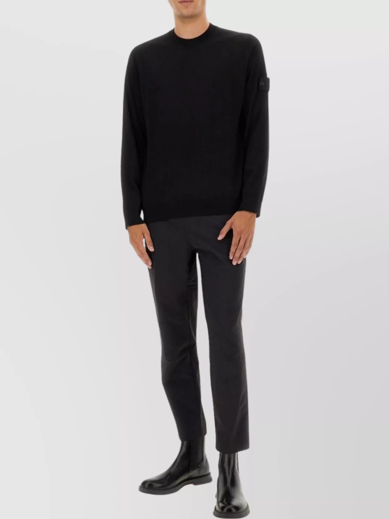 Stone Island Long Sleeve Ribbed Cuff Crew Neck Sweater In Black