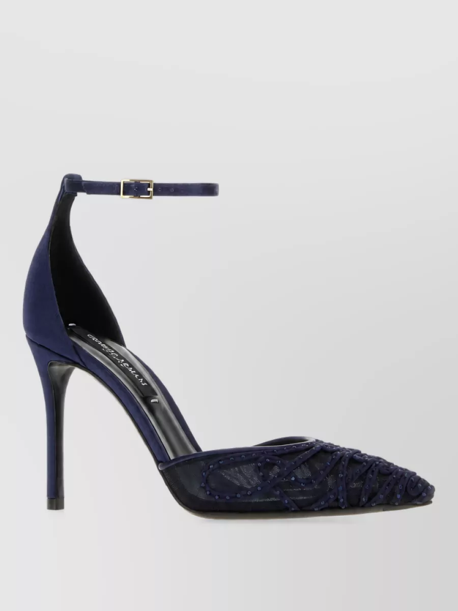Giorgio Armani Satin pumps — The midnight navy Armani ankle-strap stiletto in A matches the dress tonally and formality-wise, extending the column and keeping the mood quietly romantic and evening focused.