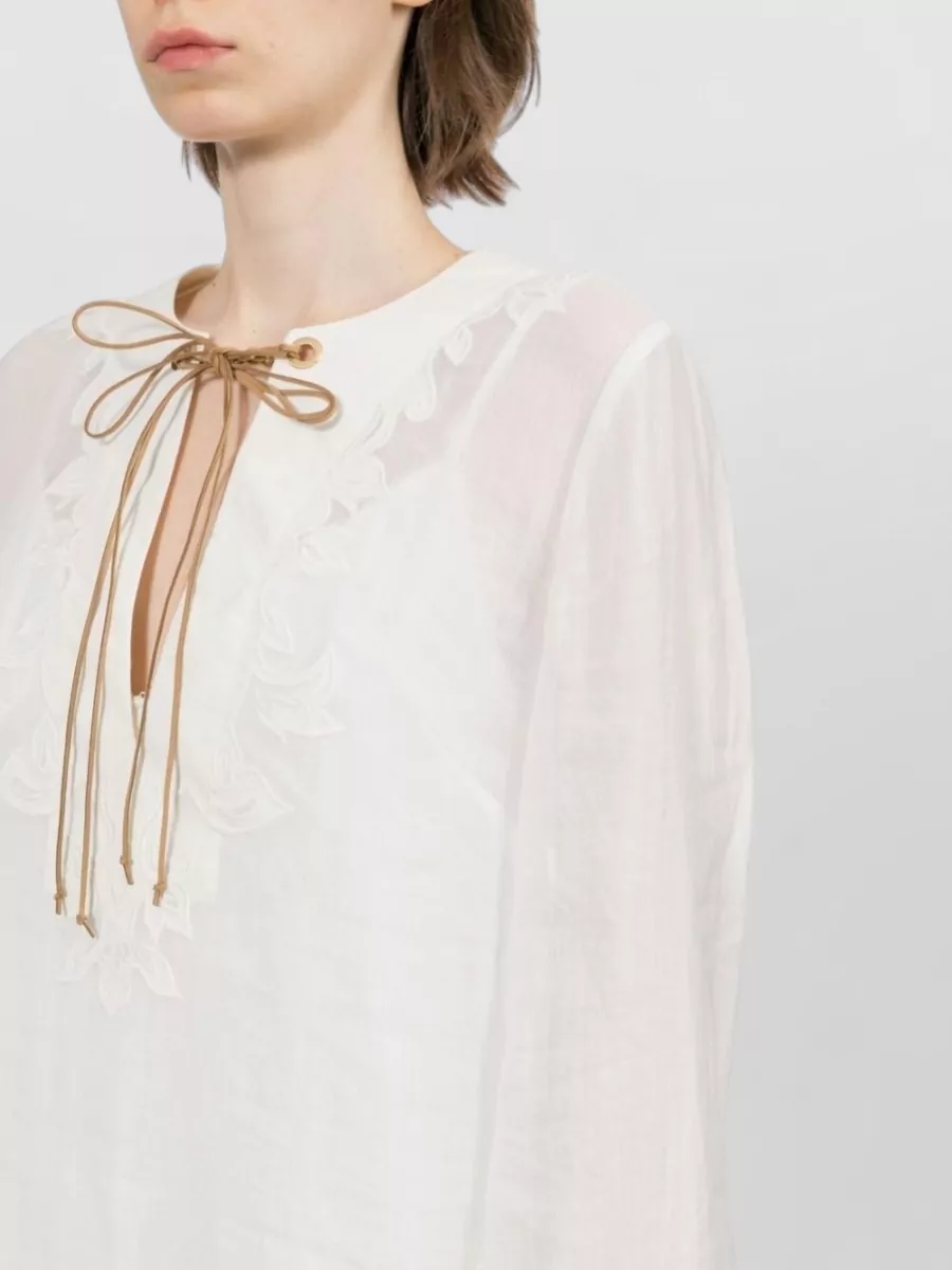 Zimmermann Ramie Embroidered Deep V-Neck Tunic Dress