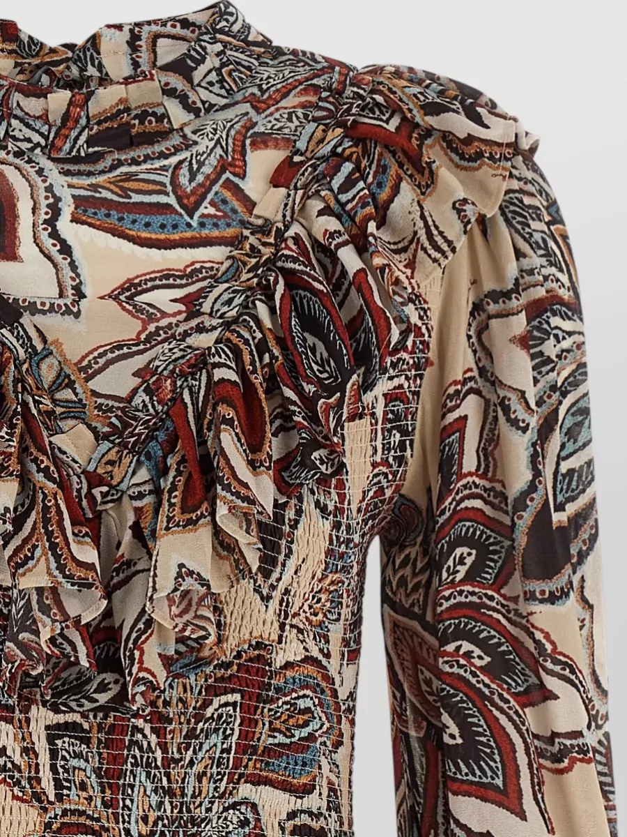 Farm Rio Floral-Print High-Neck Long-Sleeve Mini Dress