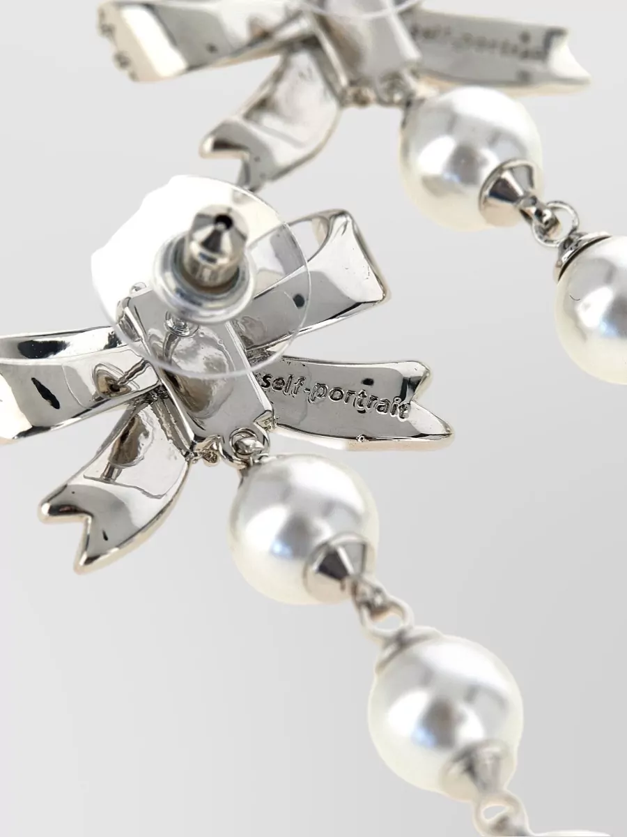 Self-Portrait Crystal-Embellished Bow Pearl Drop Earrings