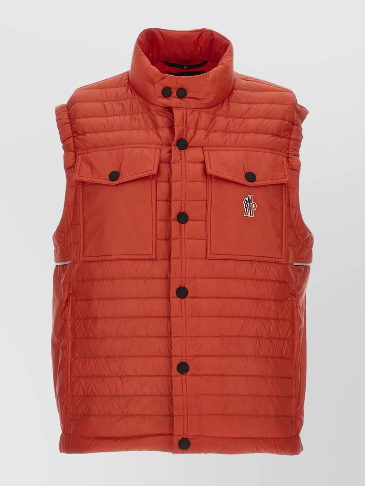 Moncler Quilted High Collar Sleeveless Jacket With Reflective Detail In Red