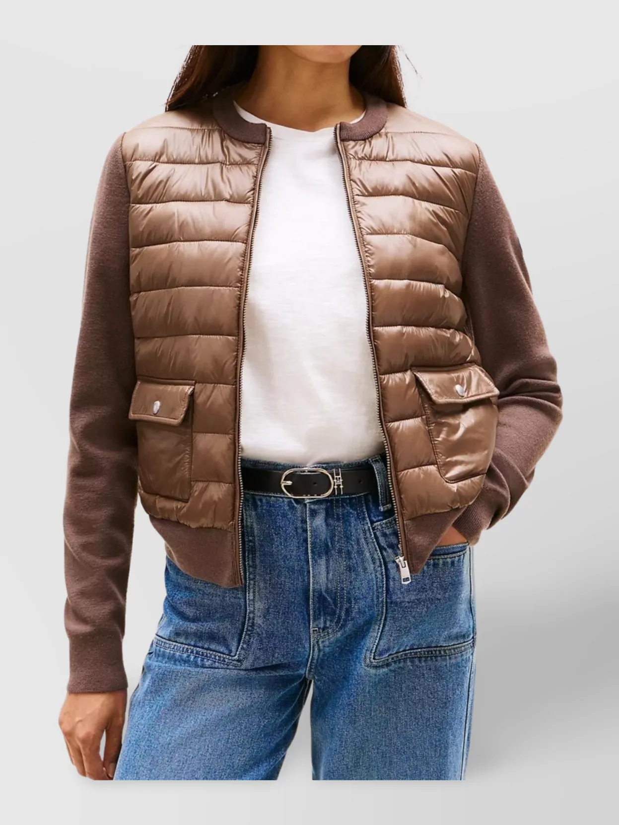 Tommy Hilfiger Quilted Knit Mix Jacket Front Pockets In Brown