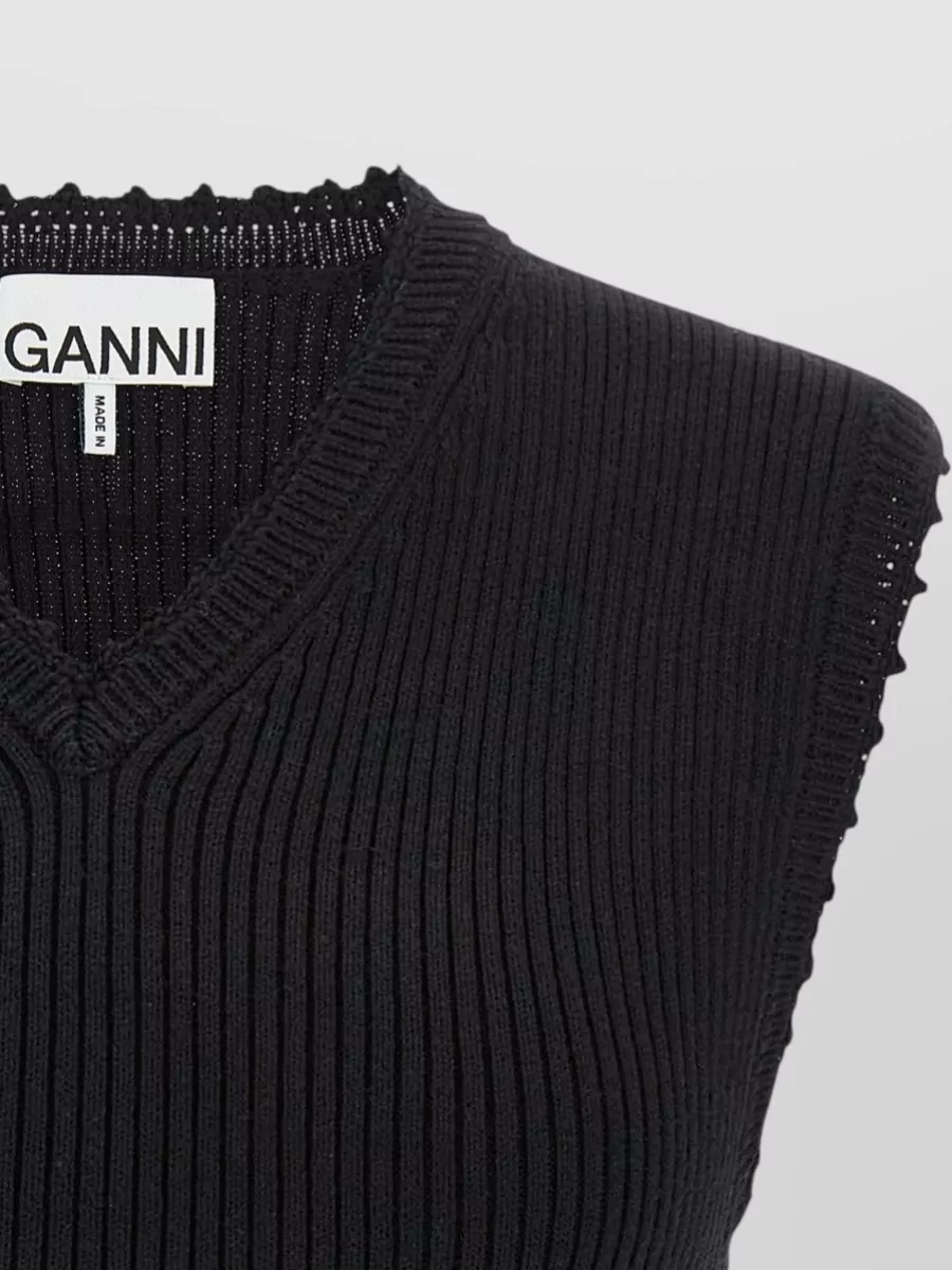 Ganni Cotton Ribbed Crochet V-Neck Sleeveless Top
