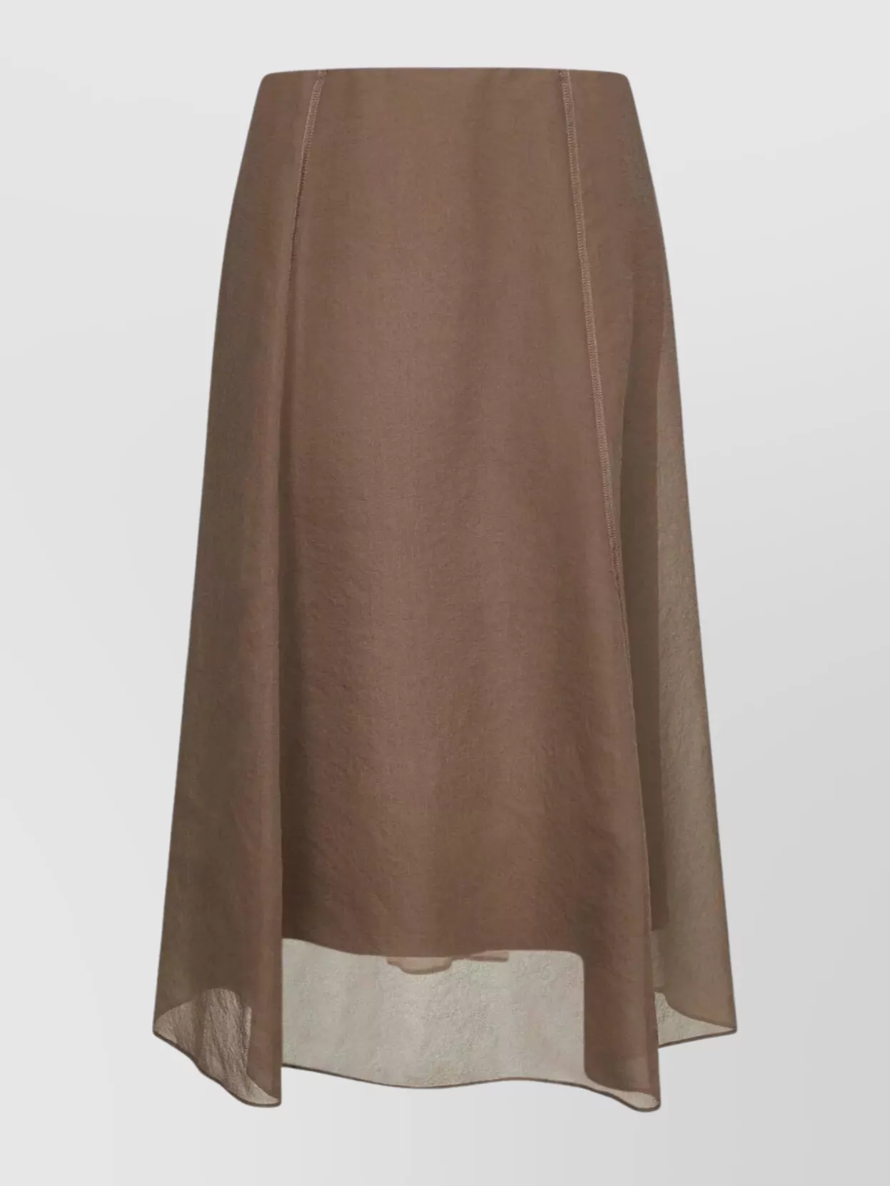Brunello Cucinelli Asymmetric Flared Midi Skirt With Stitched Accents In Brown