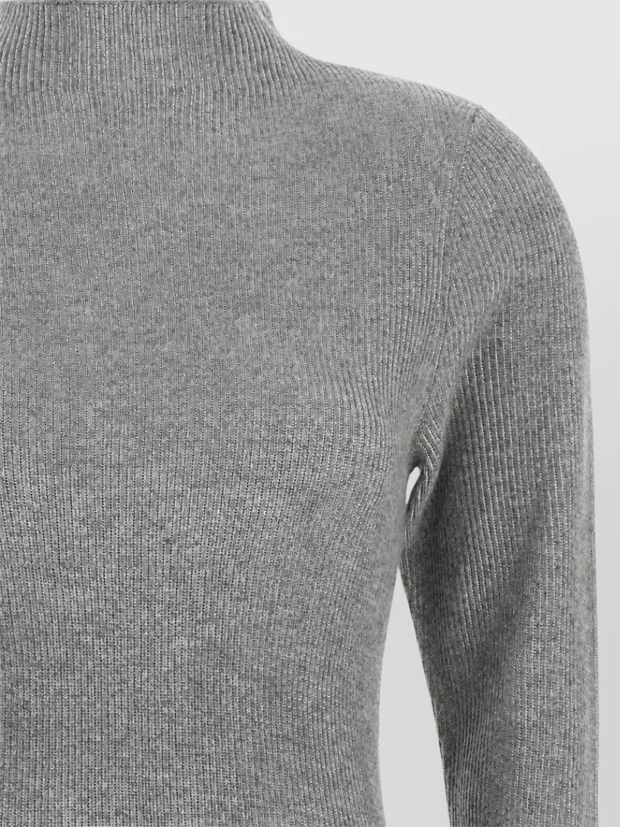 Fabiana Filippi Cashmere Silk Virgin Wool Ribbed Long-Sleeve Mock-Neck Flared Midi Knitted Dress