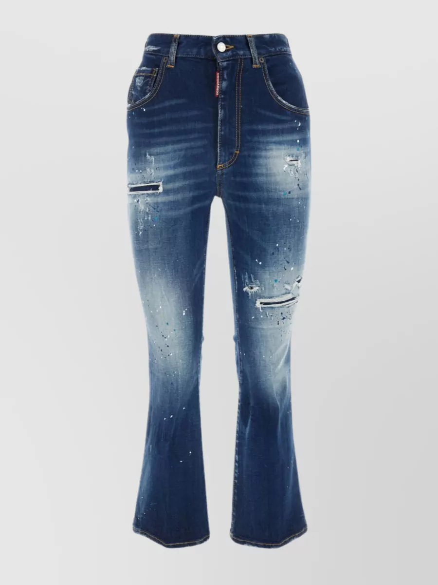 Shop Dsquared2 Distressed Flared Denim Trousers With Paint Splatter In Blue