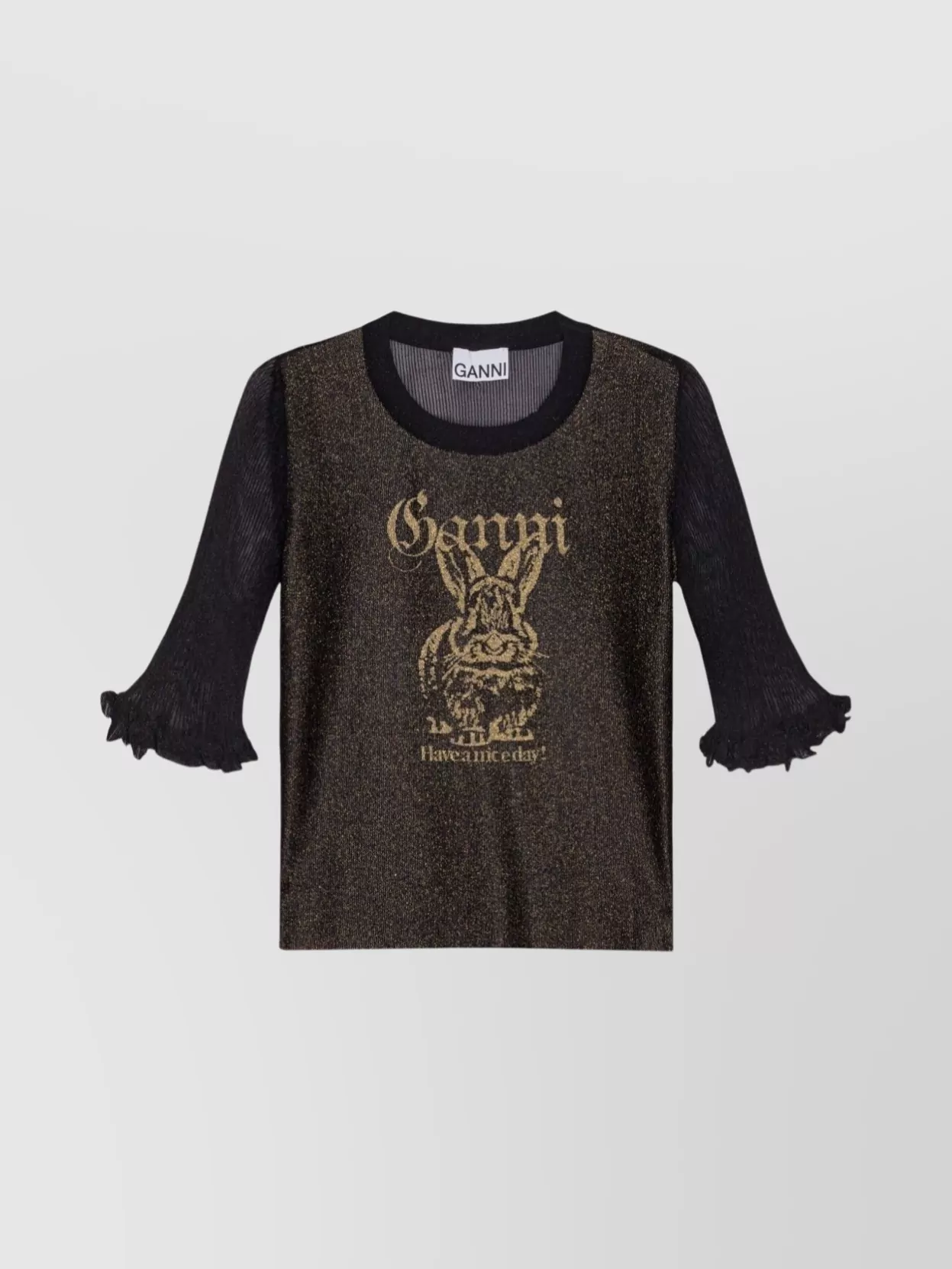 Ganni Graphic print sheer knit top with ruffle cuffs