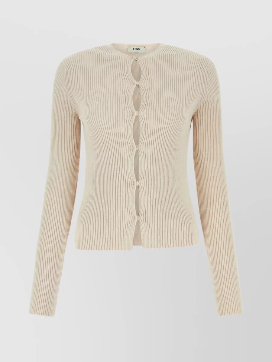 Shop Fendi Knitwear With Cut-out Shoulders And Ribbed Sleeves In Beige