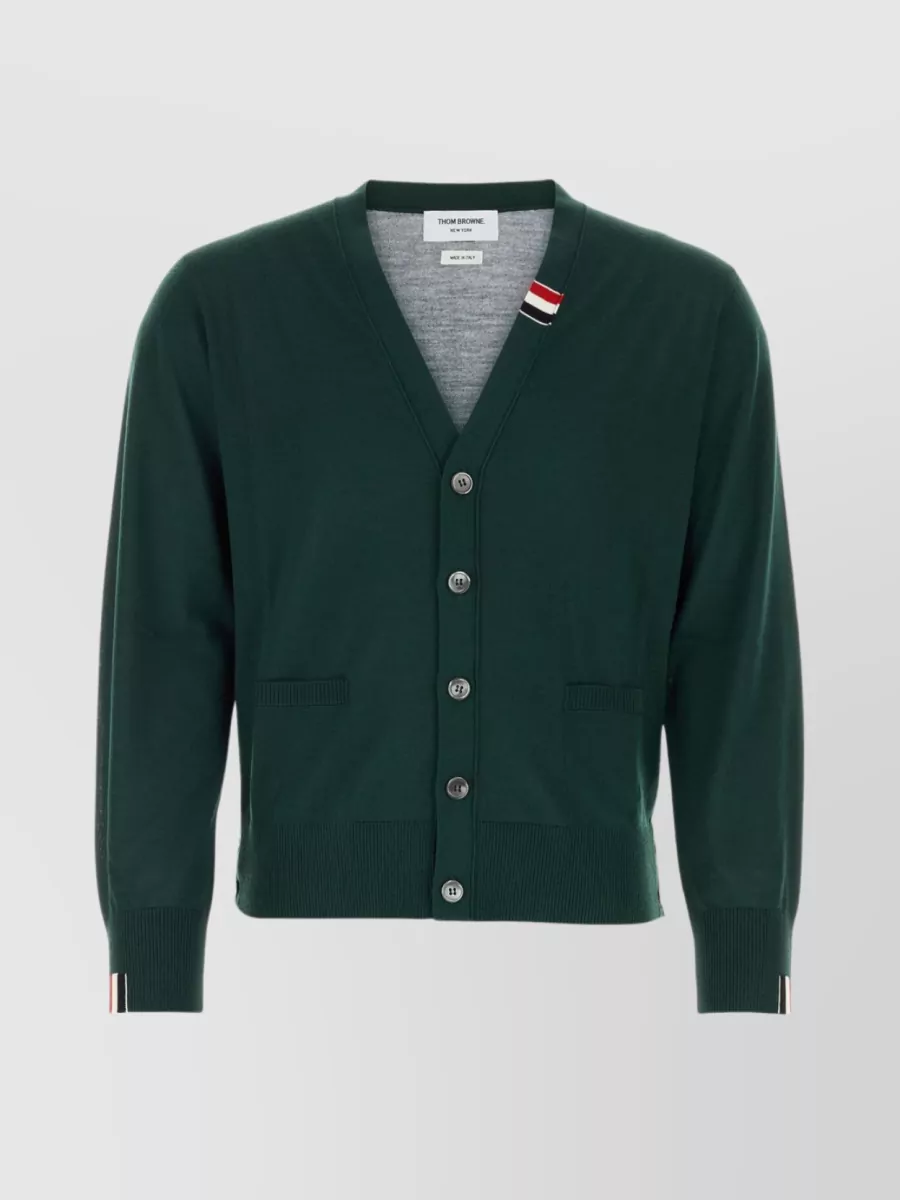 Shop Thom Browne Ribbed Wool Blend Cardigan With Front Pockets In Green