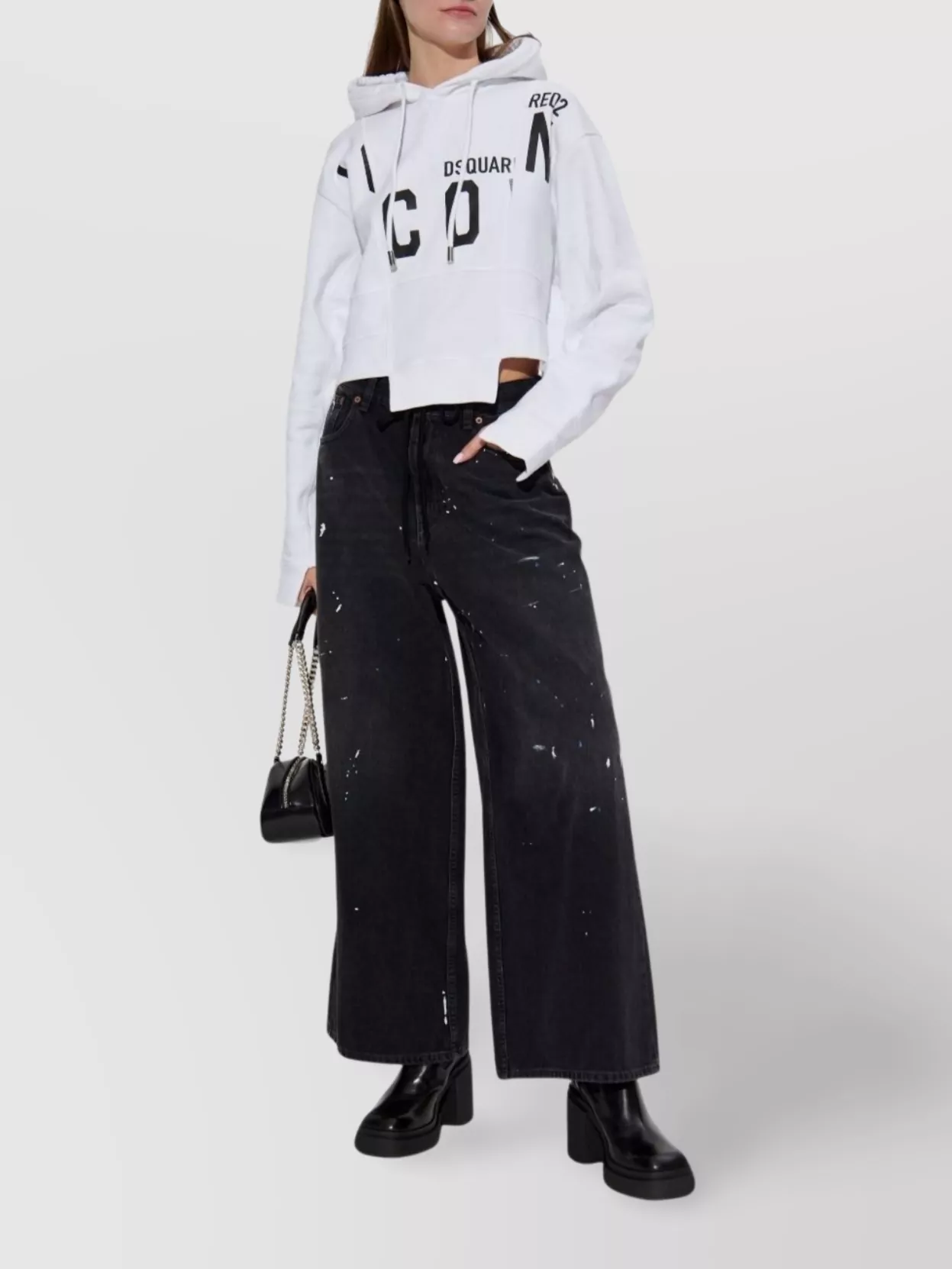 Dsquared2 Asymmetric Hem Cropped Hoodie Drawstring In White