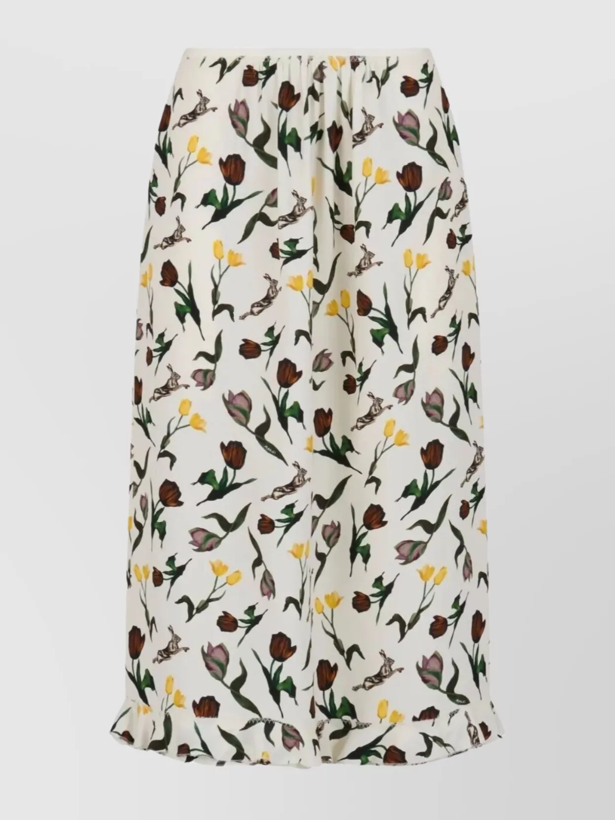 Marni Cream Envers Satin Midi Skirt With Tulips And Hares Print In Multi