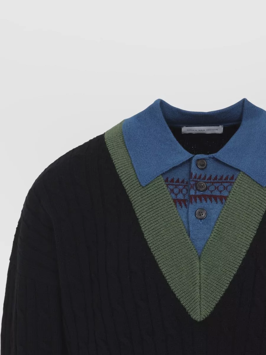 Dries Van Noten Wool Cable-Knit V-Neck Long-Sleeve Sweater
