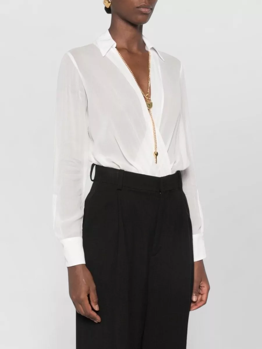Elisabetta Franchi Sheer Chain-Detail Wrap-Front Long-Sleeve Bodysuit