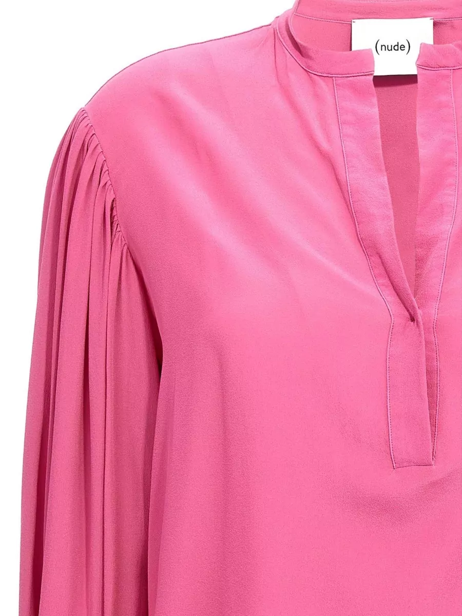 Nude Silk V-Neck Long-Sleeve Blouse