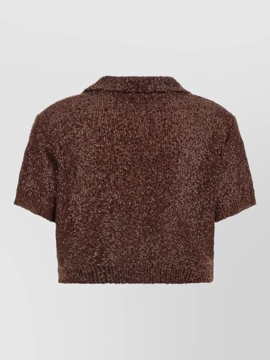 Brunello Cucinelli Linen Cashmere Silk Sequined Cropped Short-Sleeve Polo Top