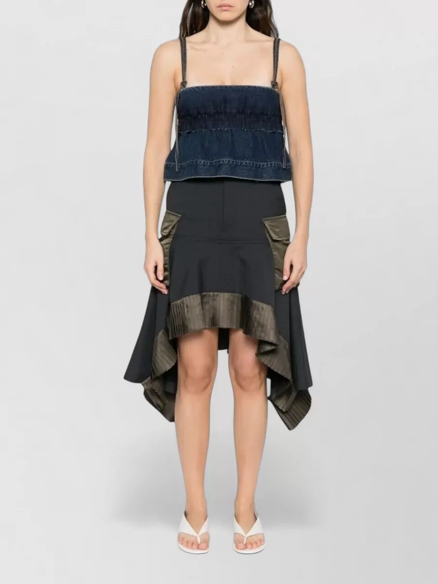 Sacai Denim Pullover Top Adjustable Straps Ruffles