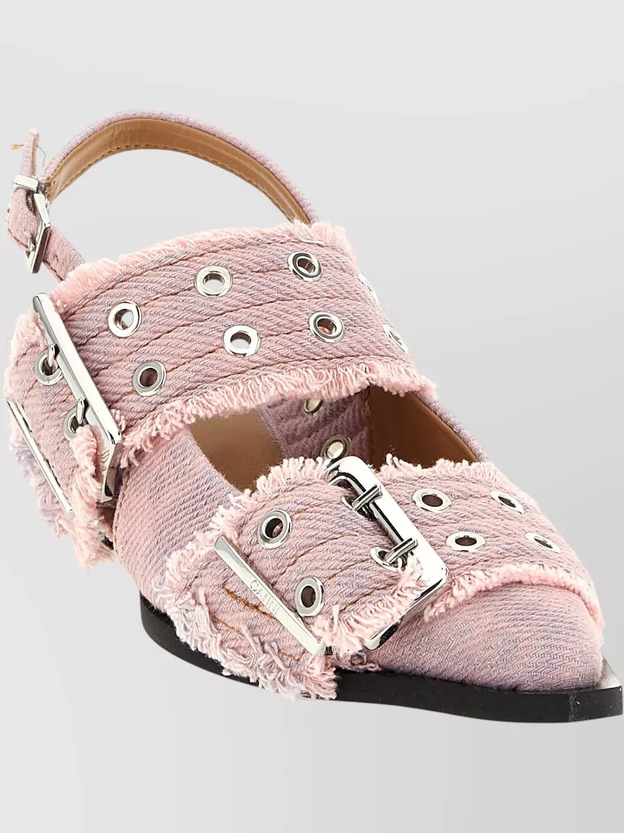 Ganni Buckle Fringe Denim Kitten Heel Slingback