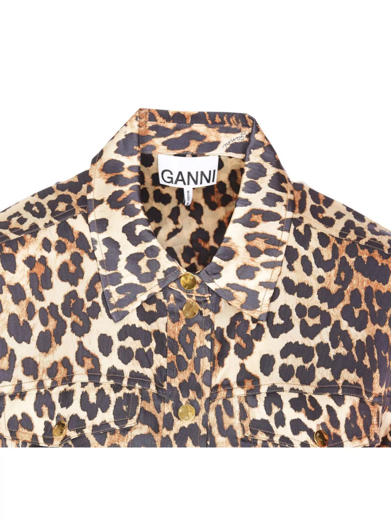 Ganni Leopard Print Collared Neck Long Sleeve Top