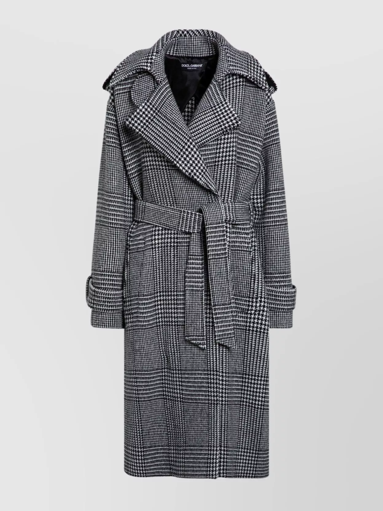Dolce & Gabbana Checked Wool Coat With Belt And Epaulettes In Gray