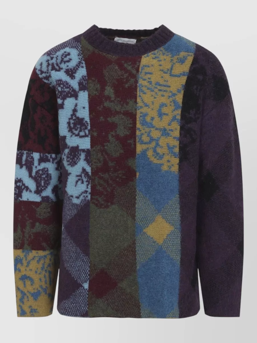 Dries Van Noten wool alpaca patchwork jacquard oversized crewneck sweater