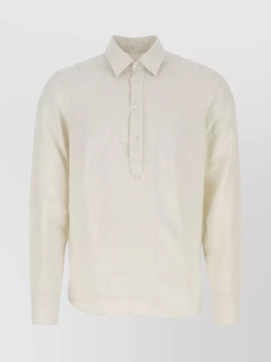 Shop Aspesi Linen Shirt With Pointed Collar And Rounded Hemline In Cream