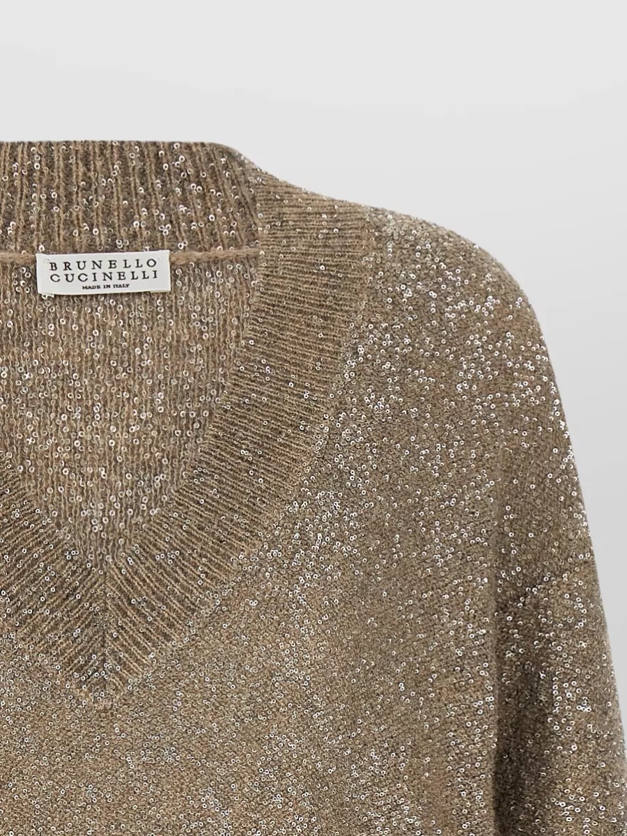 Brunello Cucinelli Sequin Appliqué V-Neck Long-Sleeve Sweater