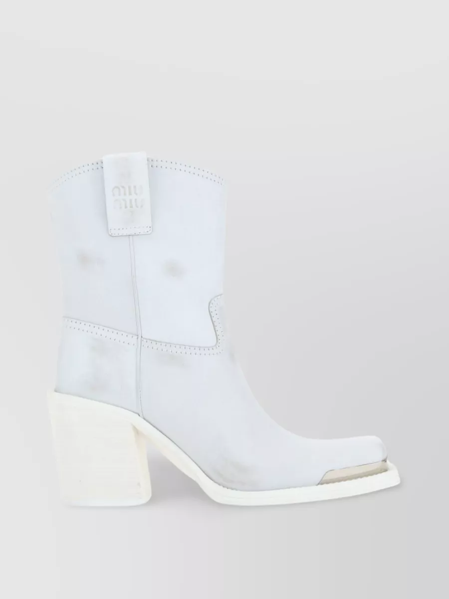 Shop Miu Miu Square Toe Leather Boots In White