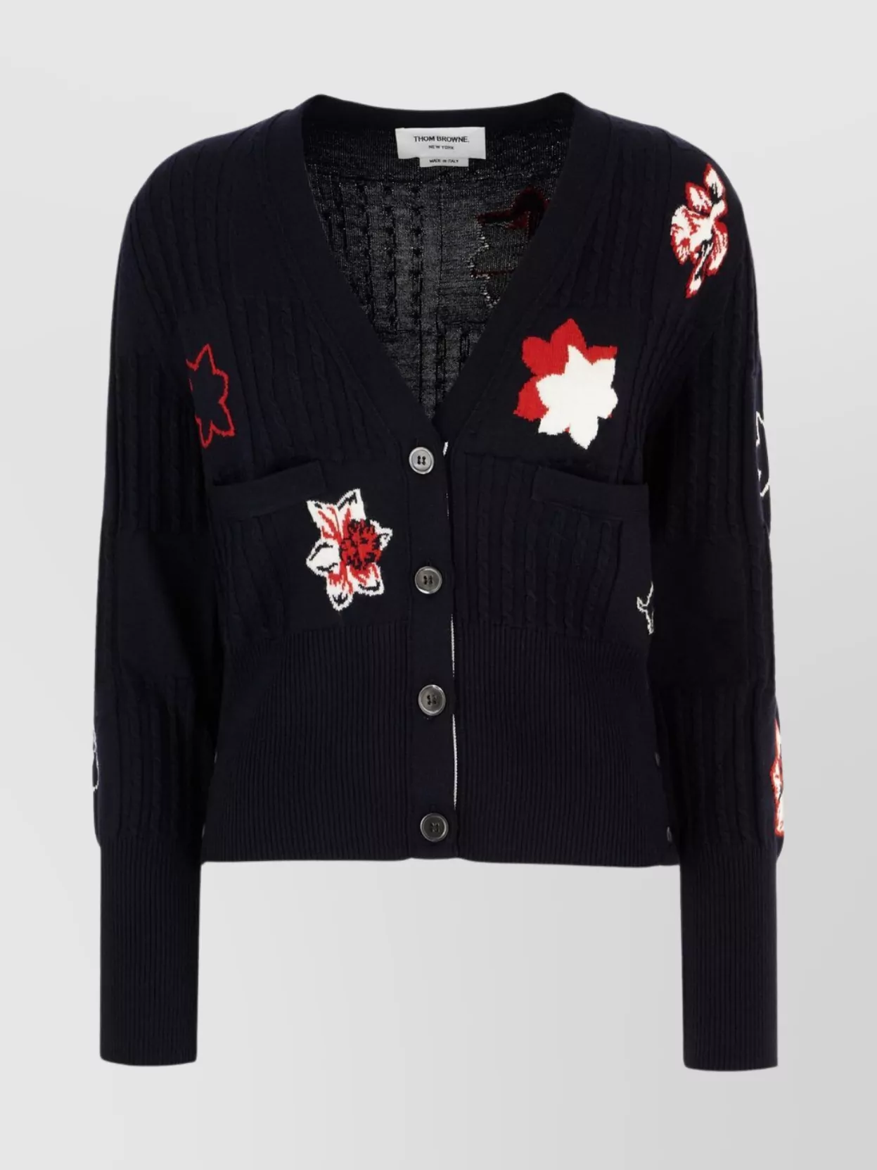 Thom Browne Wool Cardigan With Embroidered Flowers And Pockets In Black
