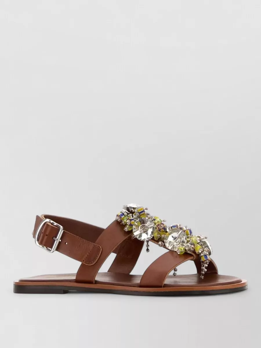 Dries Van Noten Leather Sandals Embellished Strap Flat Sole In Brown