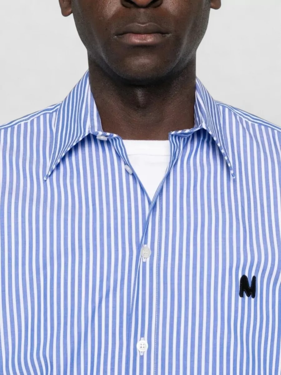 Msgm Shirt Logo Embroidery Stripes Long Sleeves