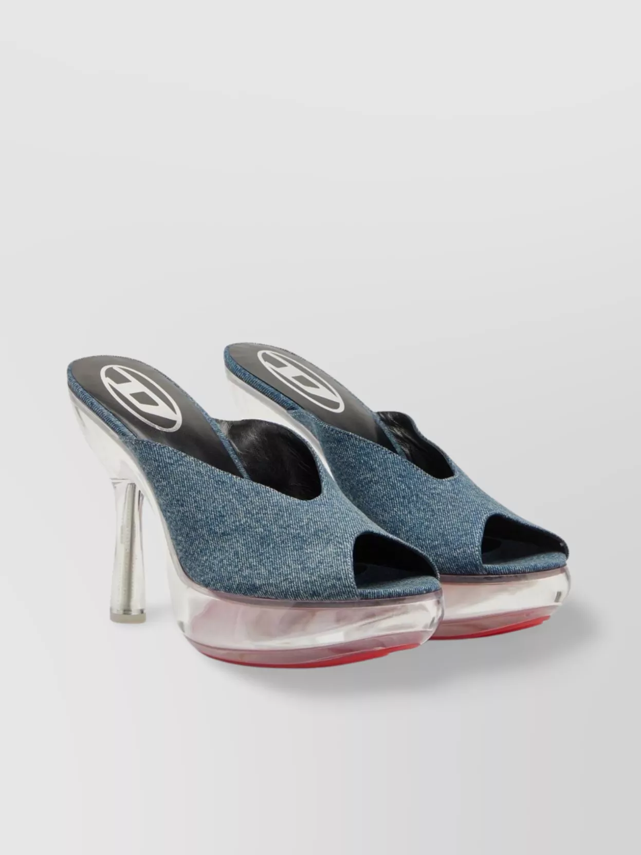 Diesel Denim Peep Toe Platform Mules With Transparent Heel