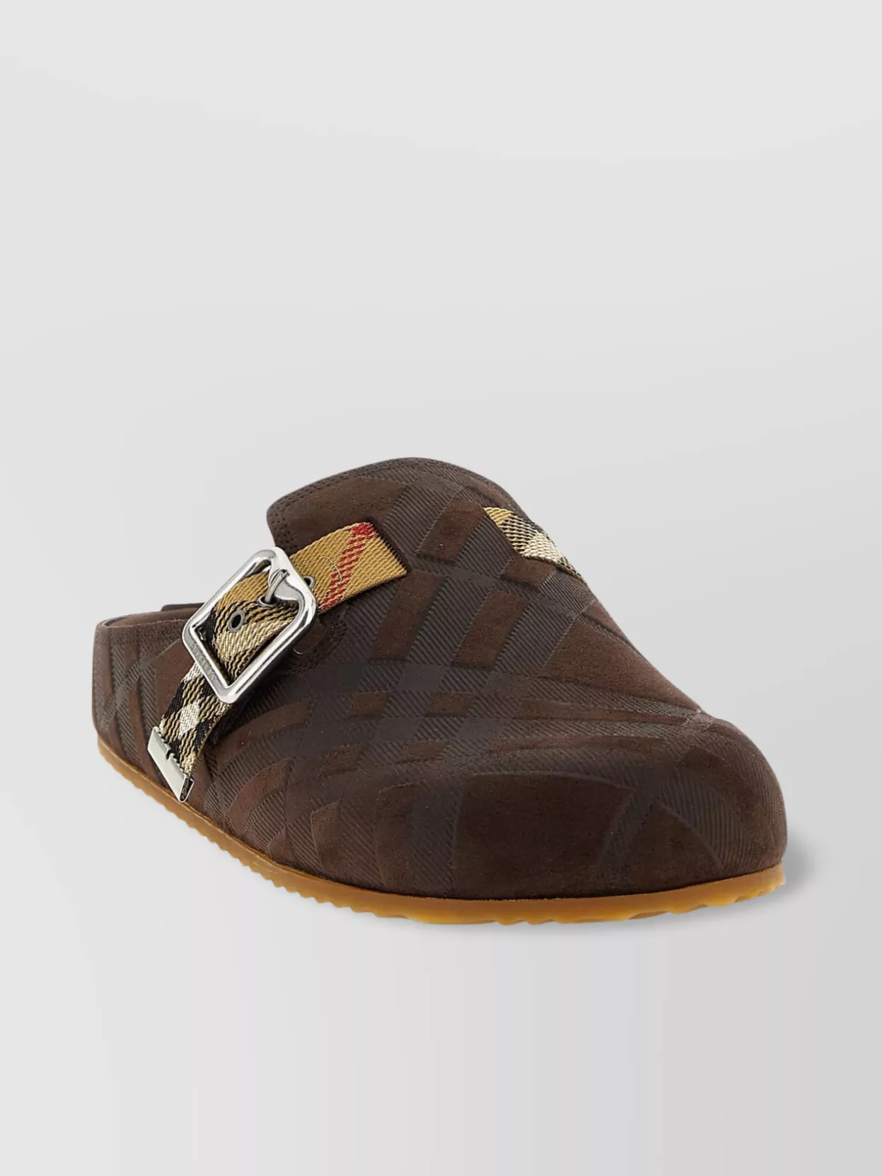 Burberry Strap Patterned Round Toe Rubber Sole Slip-on In Brown