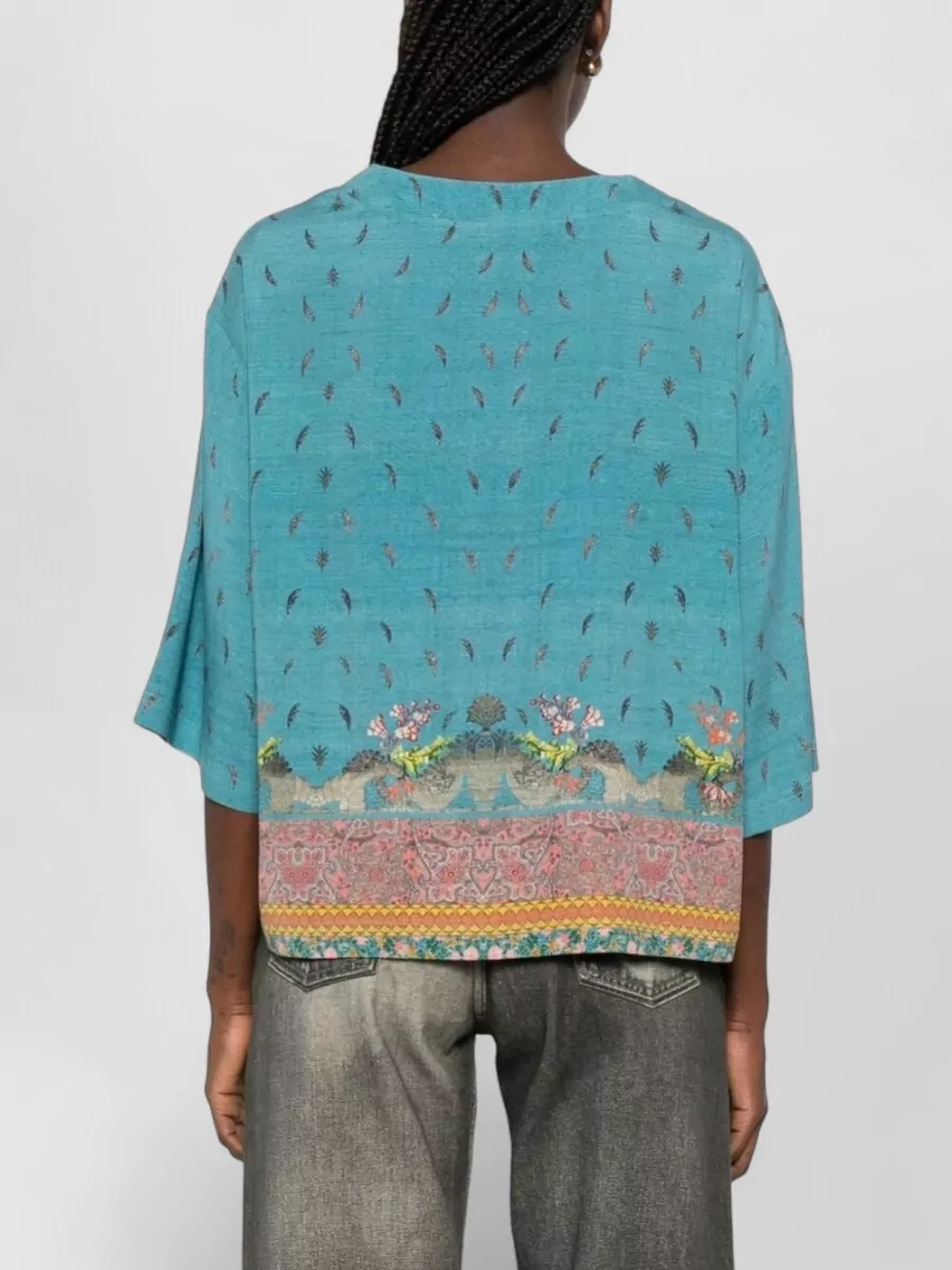 Pierre Louise Mascia Silk Blouse Cropped Relaxed Floral Border