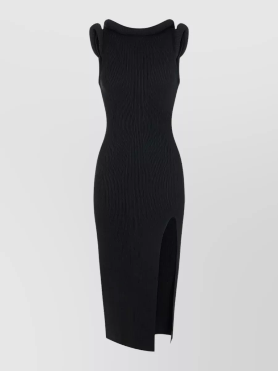 Elisabetta Franchi Knee-length knitted dress — The black ribbed midi dress in A mirrors the Louboutin pump’s sleek, minimal, quiet-luxury attitude and formality, creating a clean column that lets the patent heel and red sole be the focal edge.
