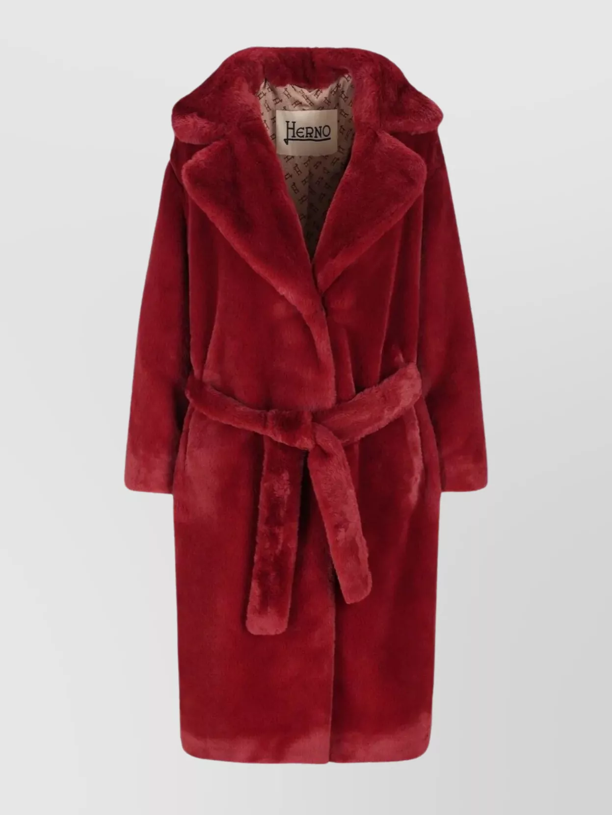 Herno Long Faux Fur Coat With Belted Waist In Red