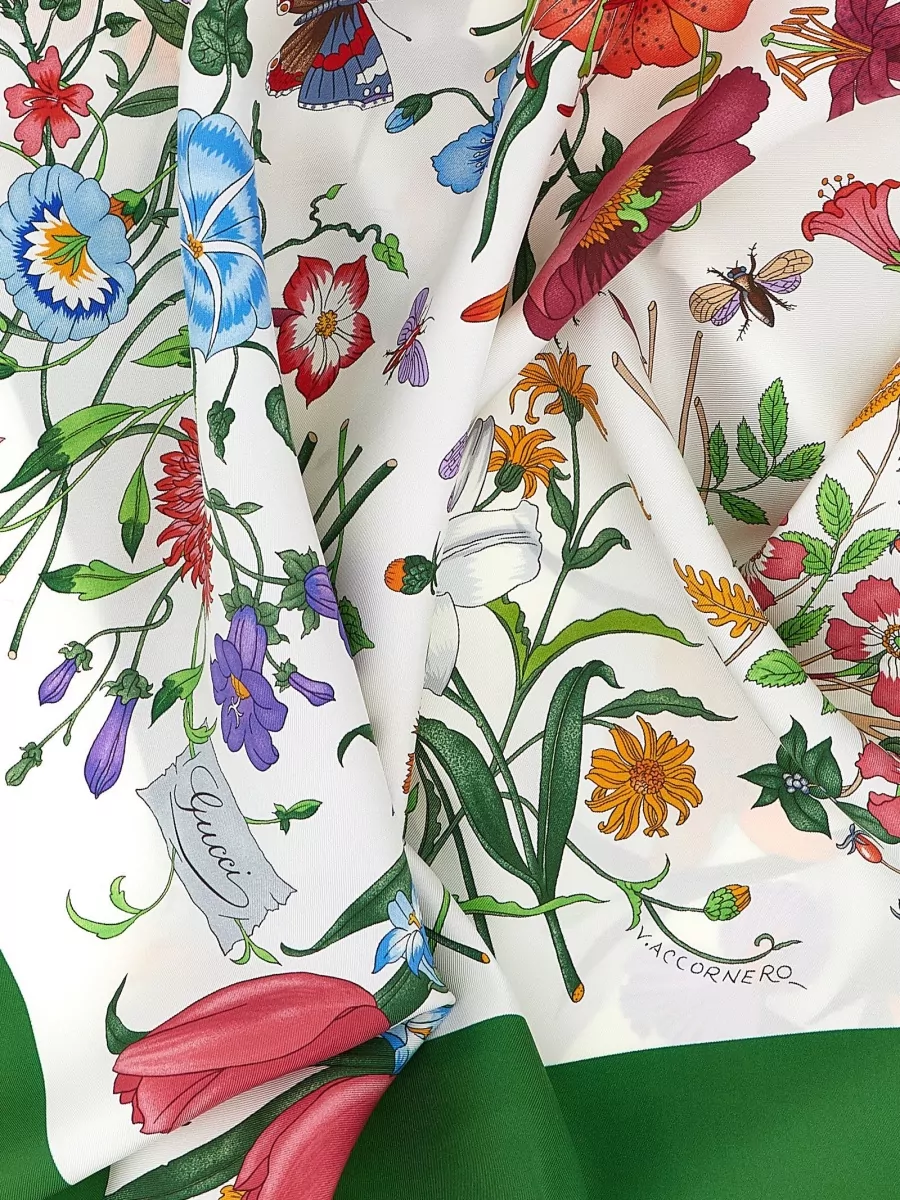 Gucci Silk Floral Print Logo Foulard