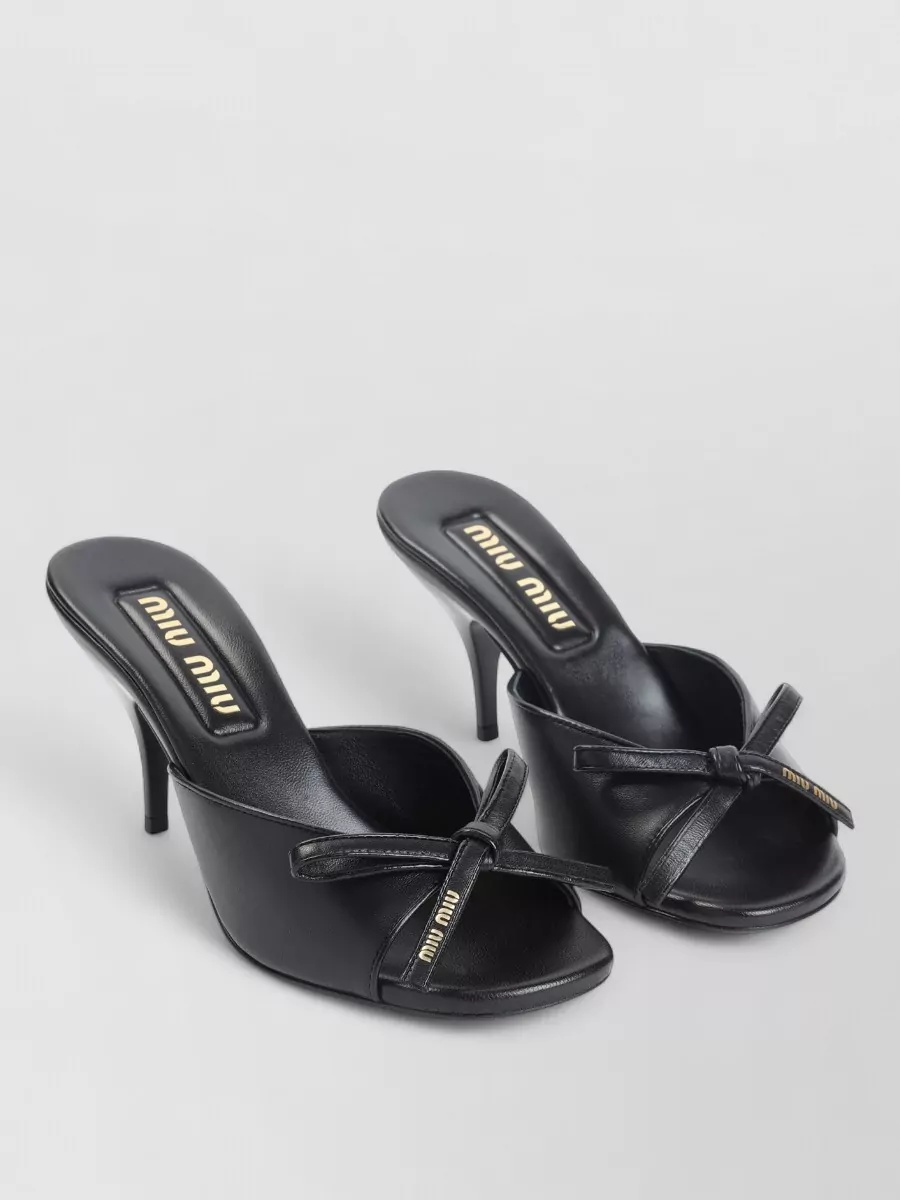 Miu Miu Lamb Leather Slippers Bow Open Toe Stiletto In Black