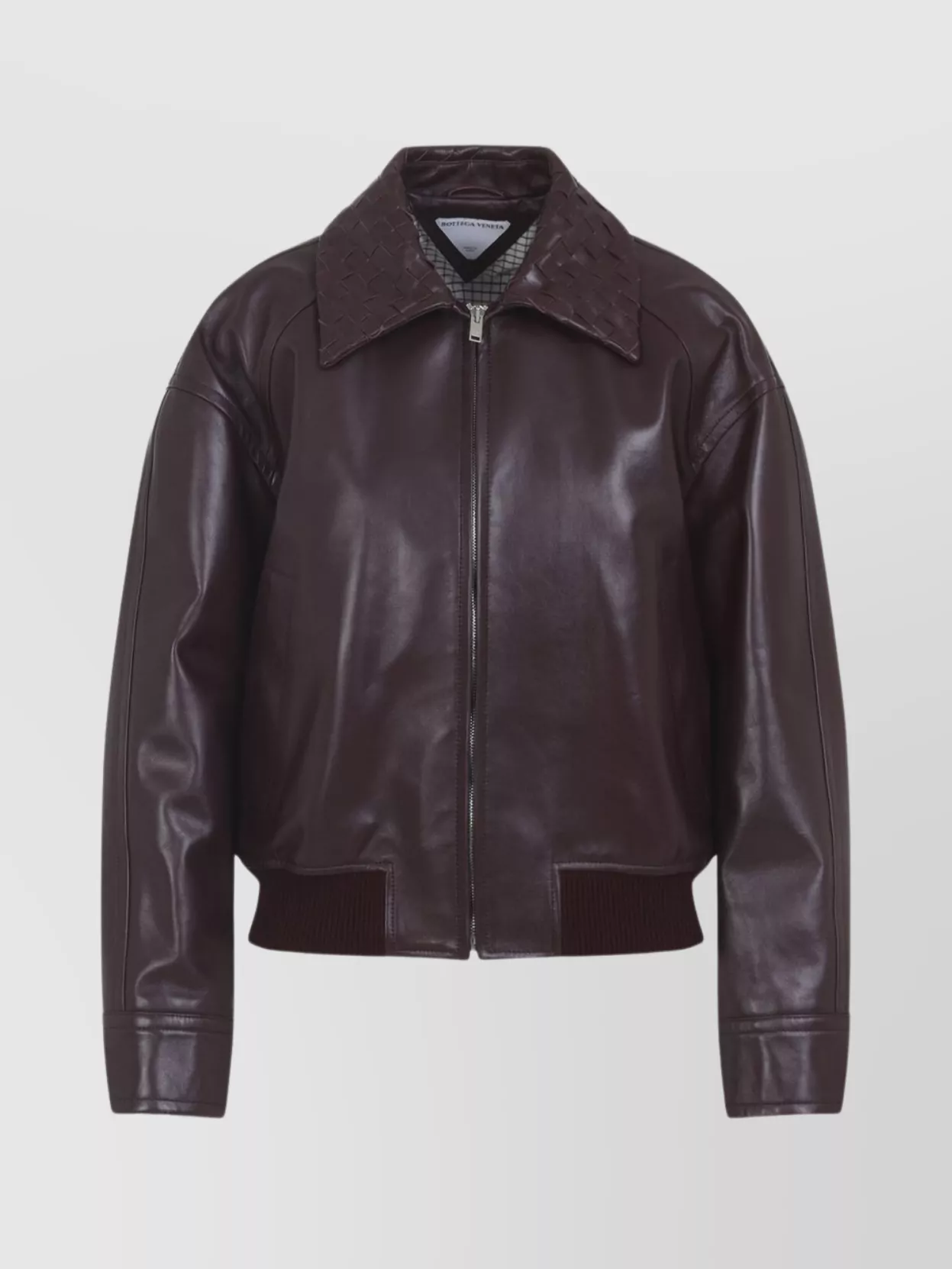 Bottega Veneta Leather Jacket Featuring Intrecciato Collar In Brown