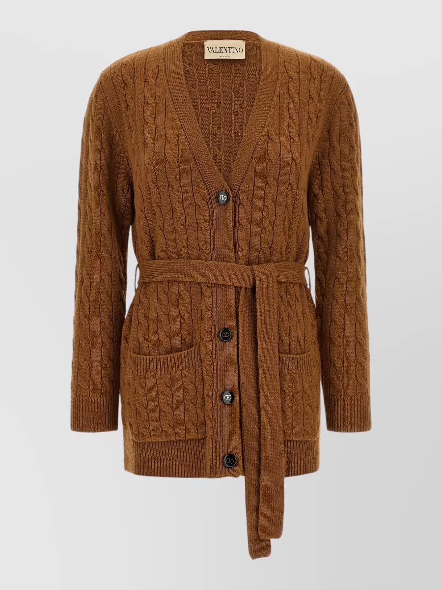 Valentino Garavani cashmere cable-knit belted v-neck cardigan