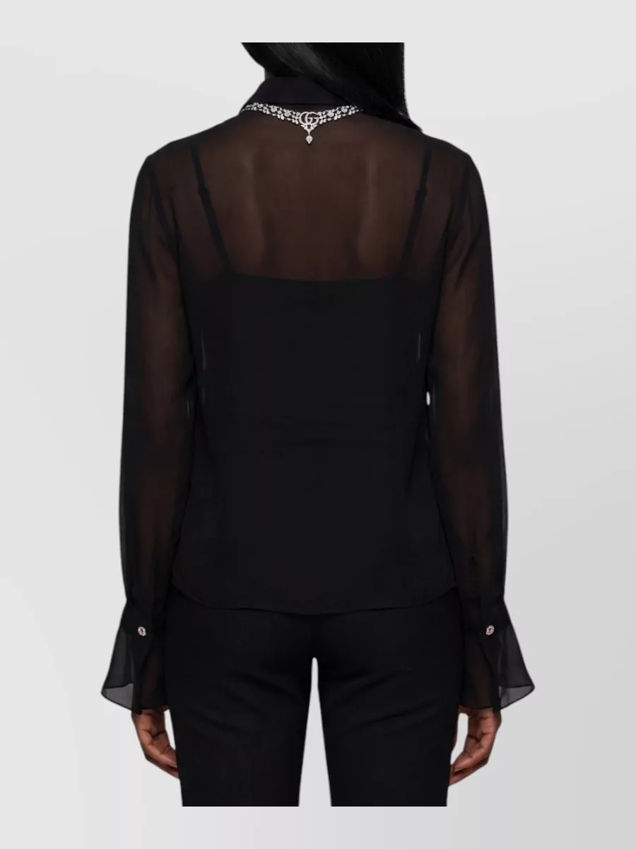 Gucci Silk Lace-Trim Long-Sleeve Blouse