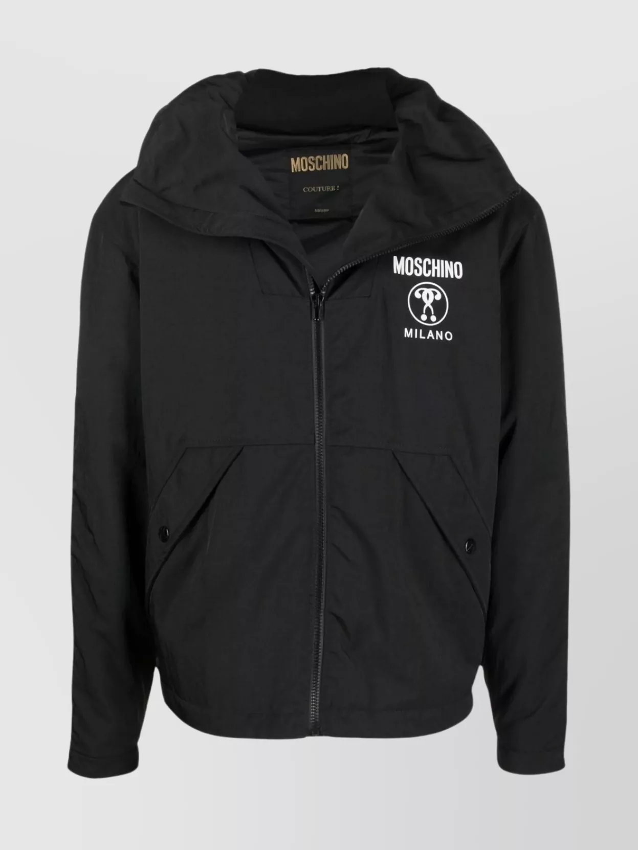 Shop Moschino High Neck Logo Zip Jacket In Black
