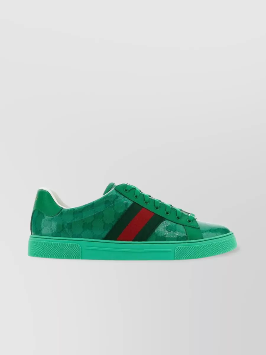 Shop Gucci Crystal Fabric Ace Sneakers With Textured Stripes In Green