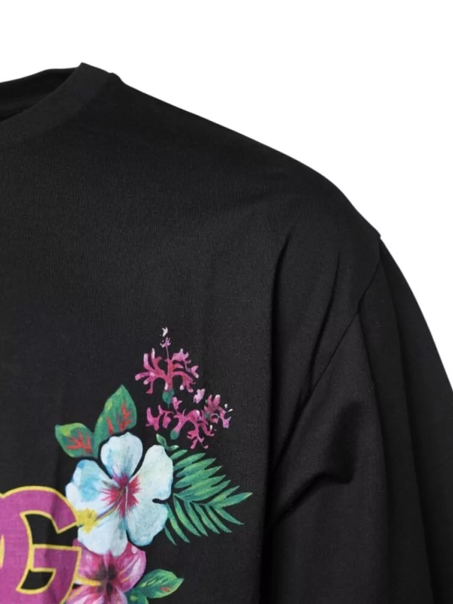 Dolce&Gabbana Floral-Print Logo-Print Cotton Crew-Neck T-Shirt