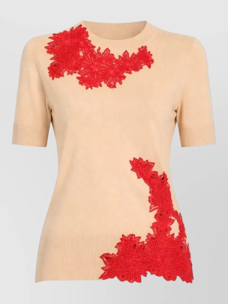 Ermanno Scervino Fine-Knit Floral-Appliqué Short-Sleeve Top