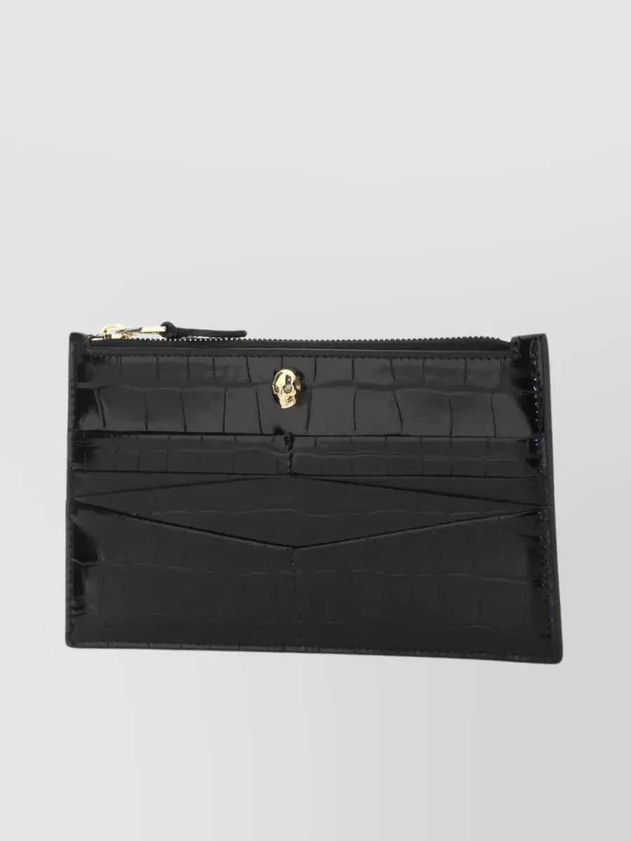 Shop Alexander Mcqueen Structured Crocodile-textured Leather Wallet In Black